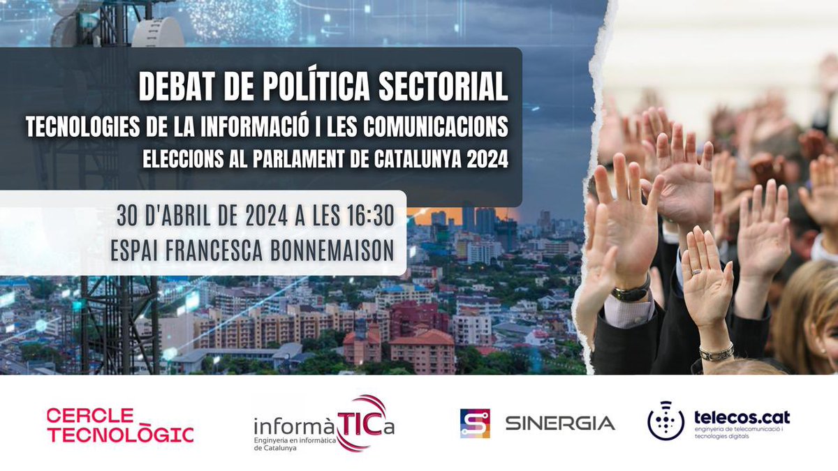 COEINF (@coeinf) on Twitter photo 📣 <a href="/COEINF/">COEINF</a>, <a href="/C_Tecnologic/">Cercle Tecnològic</a>, <a href="/telecoscat/">TelecosCAT</a> i <a href="/SinergiaCat/">Sinergia Catalunya</a> convoquen als polítics amb motiu de les eleccions del pròxim 12 de maig🗳️
Un debat únic sobre el futur del sector TIC amb la vostra participació🫵
🗓️30/04 a les 16:30h
➕Us necessitem! Inscripcions: enginyeriainformatica.cat/debat-electora… 📣 <a href="/COEINF/">COEINF</a>, <a href="/C_Tecnologic/">Cercle Tecnològic</a>, <a href="/telecoscat/">TelecosCAT</a> i <a href="/SinergiaCat/">Sinergia Catalunya</a> convoquen als polítics amb motiu de les eleccions del pròxim 12 de maig🗳️
Un debat únic sobre el futur del sector TIC amb la vostra participació🫵
🗓️30/04 a les 16:30h
➕Us necessitem! Inscripcions: enginyeriainformatica.cat/debat-electora…