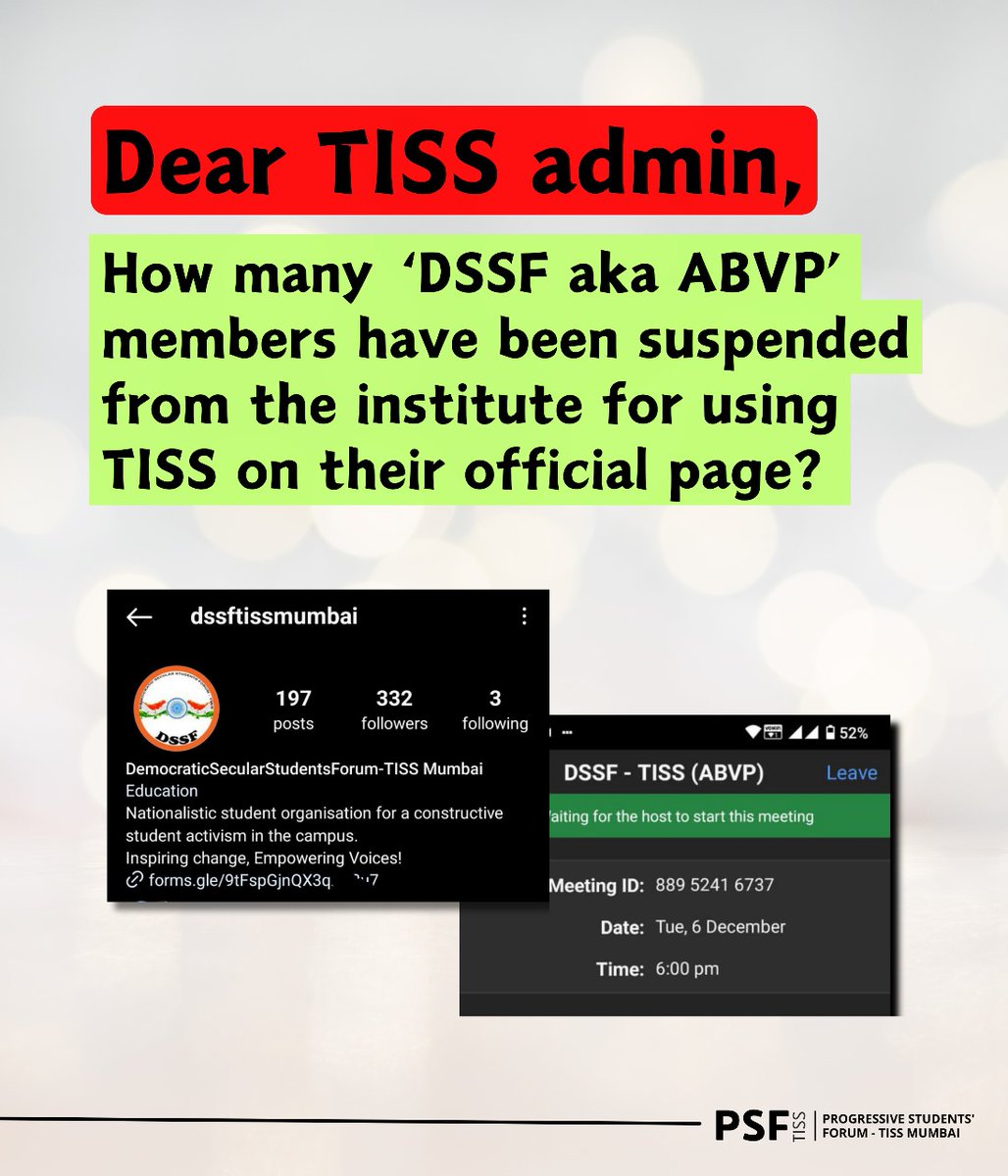 psftiss's tweet photo. If DSSF (aka ABVP) can use 'TISS' in its name, then why can't others? 
TISS Admin must reply!

#JusticeforRamadas
#RevokeSuspension
#injusTISS https://t.co/wsCzlkF0c2