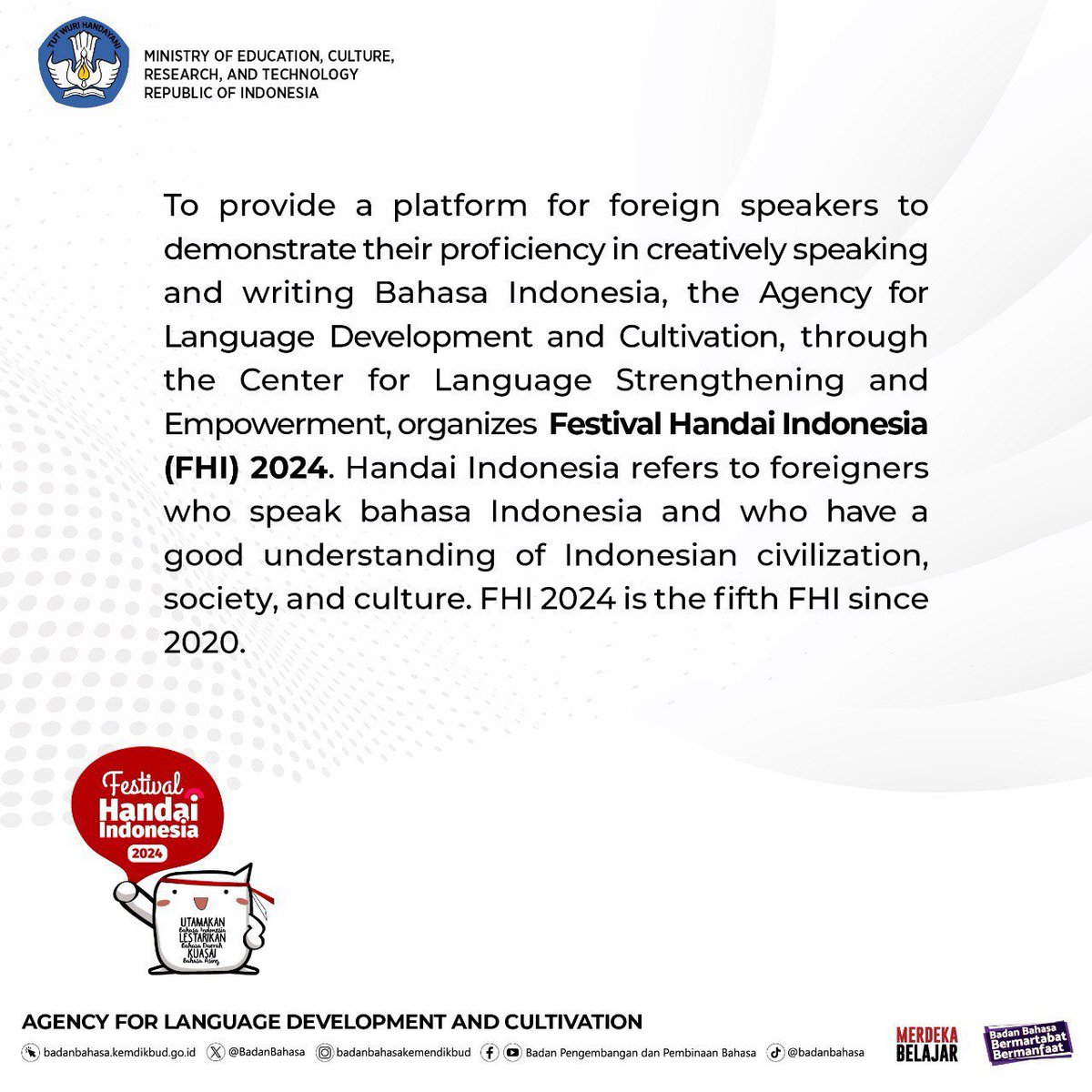 “Calling all language enthusiasts! Get ready for Festival Handai Indonesia 2024, where foreign speakers showcase their mastery of Bahasa Indonesia in creative ways.

#FHI2024 
#inidiplomasi
#kbriastana
#kbriastanatheservingembassy