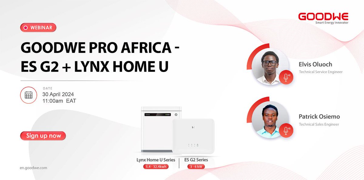 Event to attend!
Join @GoodWePower for their second series of Pro Africa webinars. They will introduce their Product Technical Training, focusing on their ES G2 + LYNX HOME U, on April 30, 2024, at 11 AM EAT
 
Register here: afsiasolar.com/events/goodwe-…  
 
#africasolar #solarpower