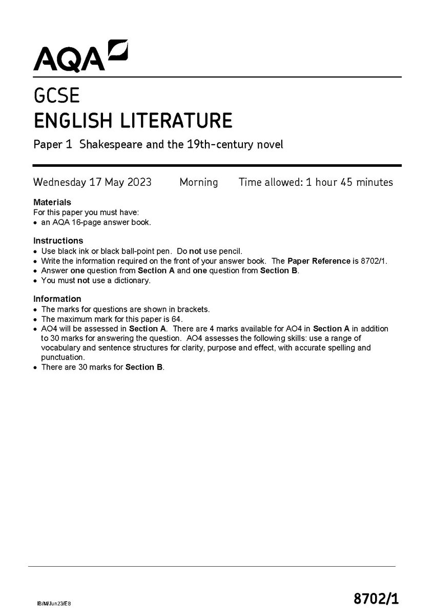 AQA GCSE ENGLISH LITERATURE PAPER 1 MAY 2023 QUESTION PAPER (8702/1: Shakespeare and the 19th-century novel)
hackedexams.com/item/6640/aqa-…
#AQA #AQA2023 #AQAGCSE #ENGLISHLITERATURE #QUESTIONPAPER  #87021 #Shakespeare #hackedexams