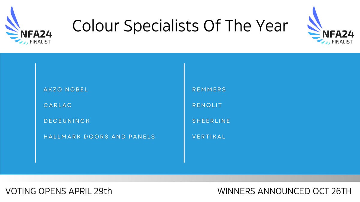 Your #NFA24 Colour Specialists Of The Year are: @AkzoNobel @Carlac_Ltd @DeceuninckUK @Hallmark_Doors @RemmersUK @RENOLITGroup @Sheerline @vertikalltd congratulations!