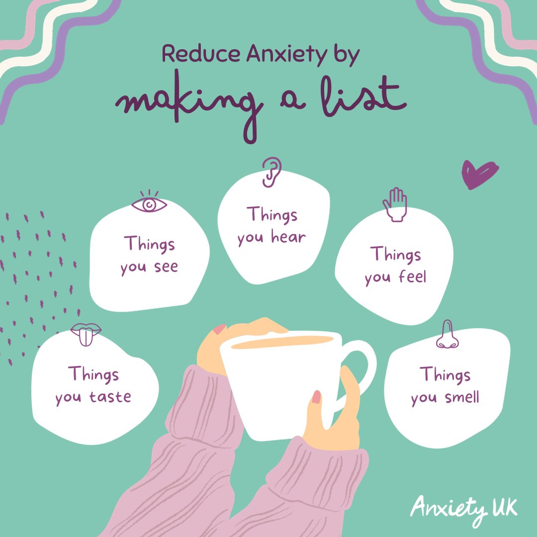 If you're managing high levels of anxiety try tapping into your senses, & note: 👁️5 things you can see 🤝4 things you can touch 🐦3 things you can hear 🌻2 things you can smell 🥘1 thing you can taste This is a grounding technique helping your mind focus on the now #anxietytip