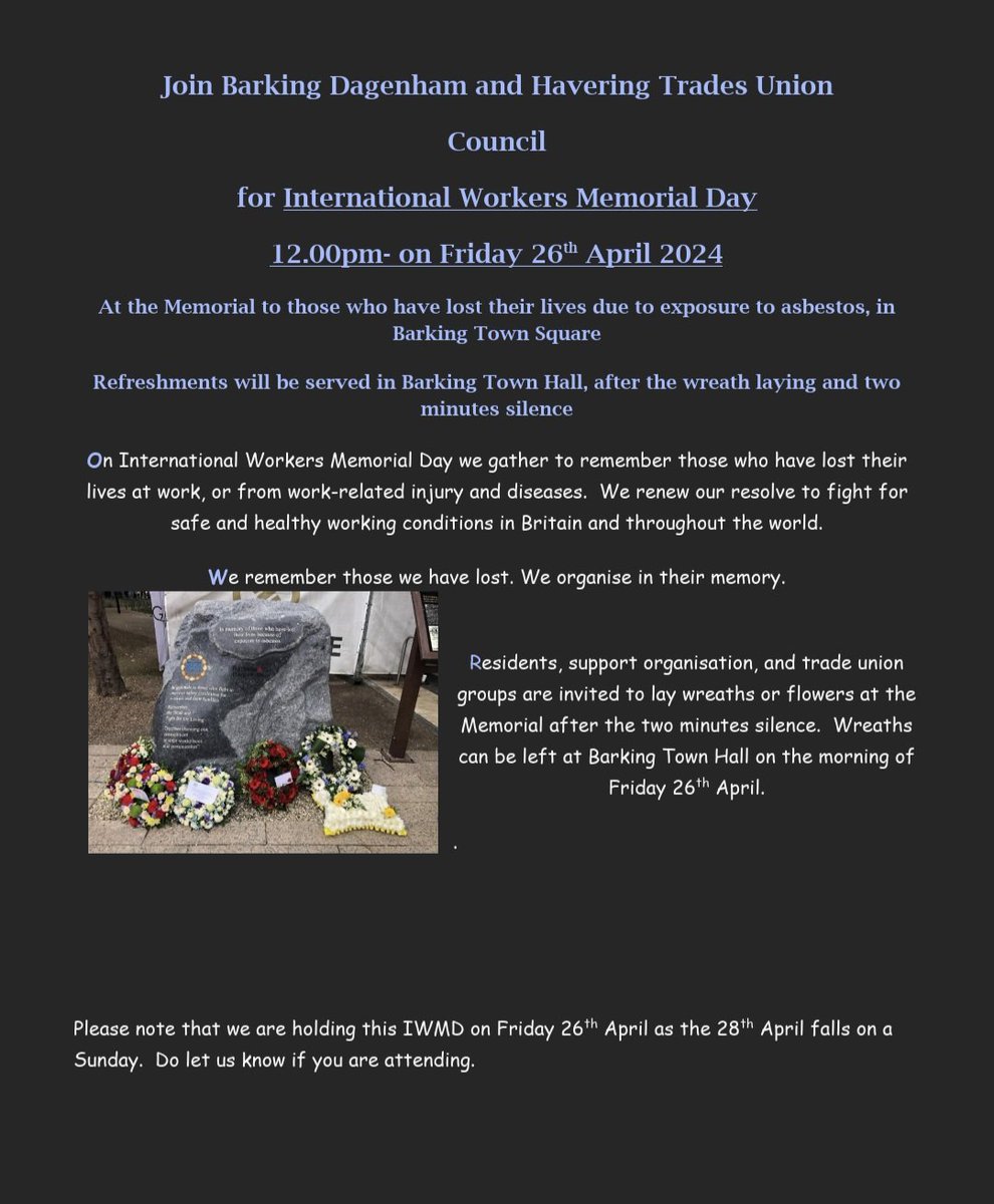 International Workers Memorial Day Event. We remember those who have lost their lives due to asbestos exposure and we continue to fight for those suffering. #Asbestos #Mesothelioma #barking