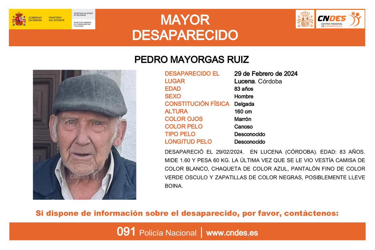 QSDglobal's tweet photo. DOS MESES SIN RASTRO DE PEDRO MAYORGAS RUIZ  

Pedro tiene 83 años y está #desaparecido desde el 29 de febrero en #Lucena #Córdoba 

#TodosYTodoPorEncontrarlo https://t.co/cl64XBou93