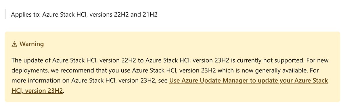 Azure Stack HCI Update from 22H2 to 23H2 is not supported? What a bummer! 🤯 Poor decision from Microsoft. learn.microsoft.com/en-us/azure-st…