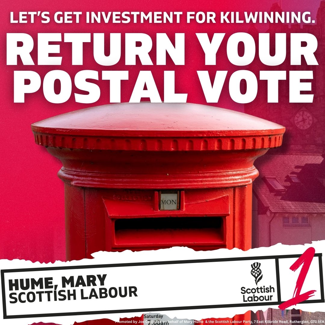 📮Postal votes start arriving in Kilwinning from today. 🌹A vote for @maryhume21 and Scottish Labour #1 is a vote for the investment Kilwinning deserves.