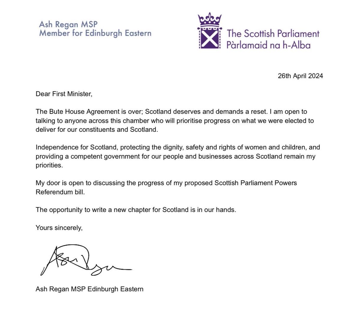 I have written to Humza Yousaf this morning requesting a reset, and a return to competent government, where we prioritise independence and protect the dignity, safety and rights of women and children. I remain open to any discussion where we progress the priorities of the people