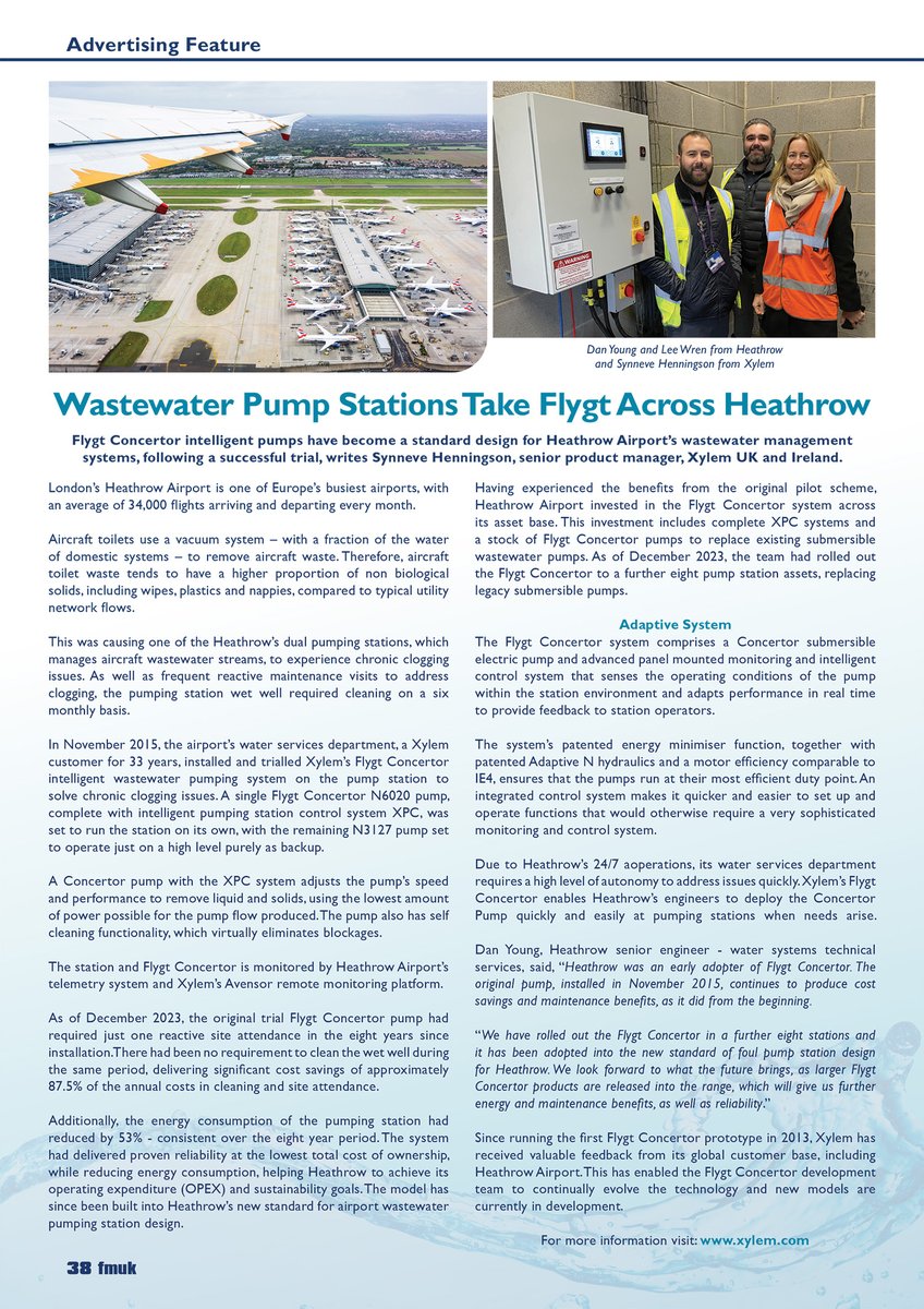 Latest Issue 📰: Xylem’s Flygt Concertor intelligent #pumps have become a standard design for @HeathrowAirport’s #wastewater management systems, following a successful trial.

➡️fmuk-online.co.uk/features/5382-…
@Xylem 
#facman #FacilitiesManagement #efficient #cleaning #CostSaving