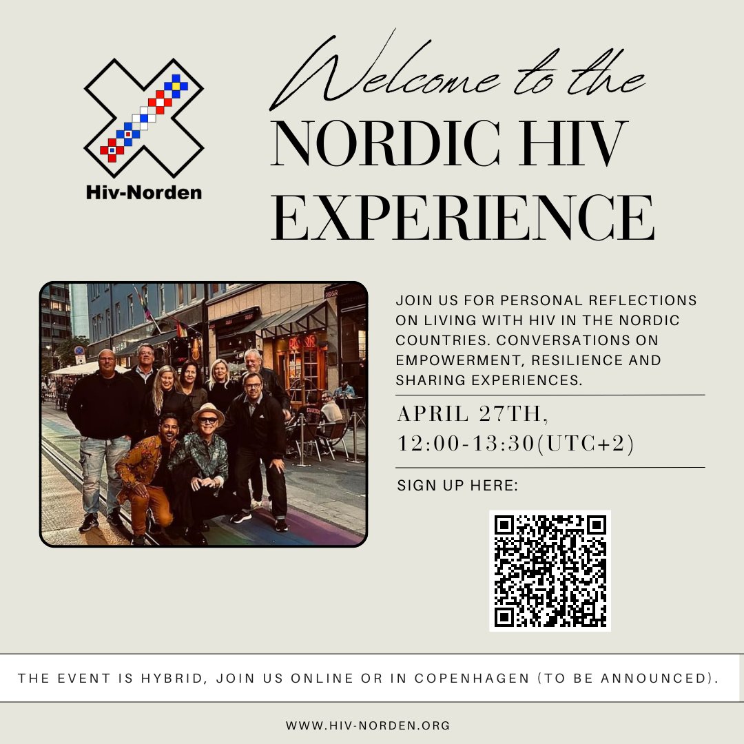 Welcome to the Nordic HIV Experience event tomorrow, April 27th!
Join us for personal reflections on living with HIV in the Nordic countries. Conversations on empowerment, resilience and sharing experiences. Read more and sign up here: hivnorge.no/kalender/the-n…