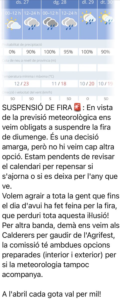 #santjoan 
L’Ajuntament acaba d’anunciar als veïns i a les veïnes la suspensió de la Fira prevista pel proper diumenge.