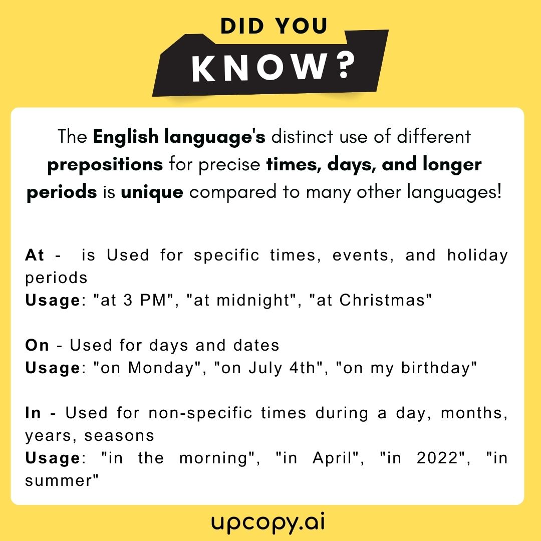 Confused about when to use 'at', 'on', or 'in'? 

👉 Check out the latest visual guide from upcopy.ai for your quick reference to using prepositions correctly.

#EnglishGrammar #LearningEnglish #CommunicationSkills #GrammarTips #ProfessionalWriting #upcopy