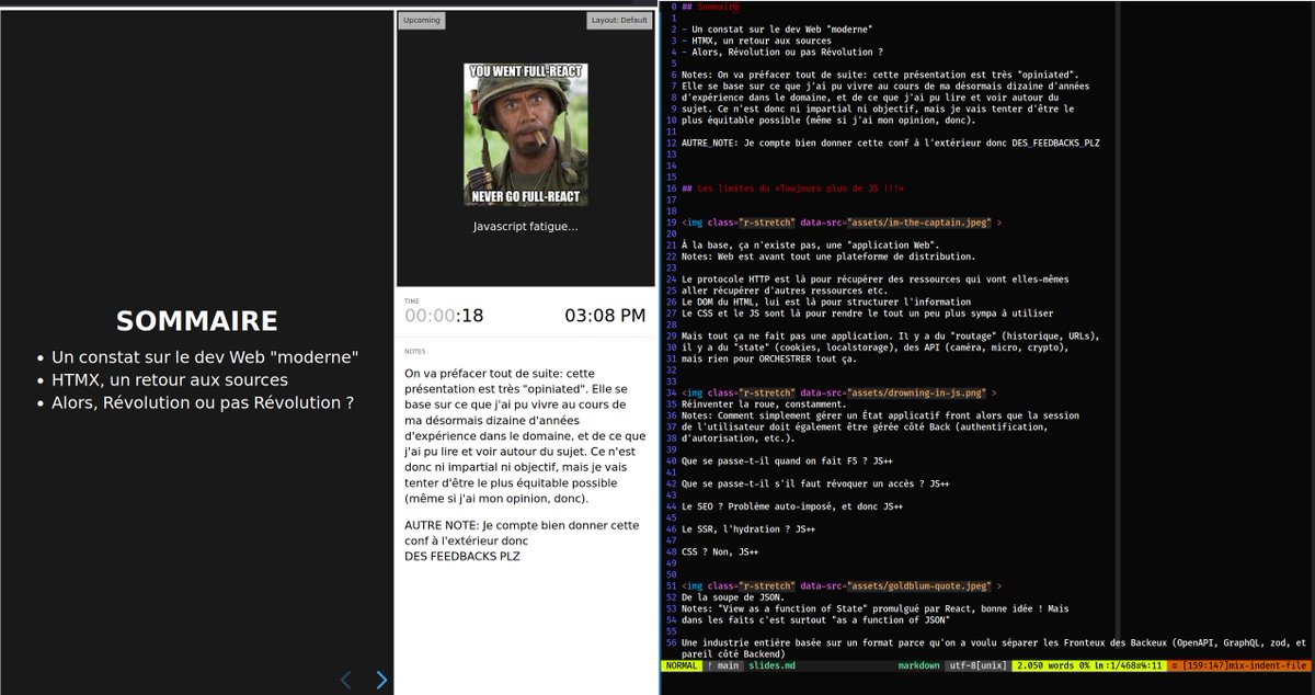 StephaneTrebel's tweet image. À gauche, le rendu sur Firefox d&apos;une présentation rédigée à l&apos;aide de #RevealJS (revealjs.com), et à droite mon terminal, sous Neovim, avec mes diapositives en Markdown

Vous noterez que les notes de présentateur, très utiles sur scène, sont disponibles 😉

2/7