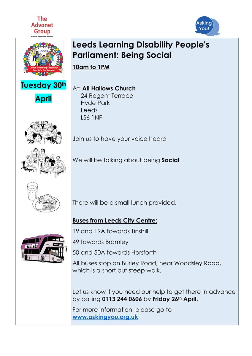 The #Leeds #LearningDisability People's Parliament is next Tuesday at @AllHallowsLeeds! It's about Being Social and has talks from @ConnectintNorth, @Leep1_Leeds, @PeopleInAction and @PeopleMatterLds!
Find out more how to get involved on our website here: askingyou.org.uk/peoples-parlia…