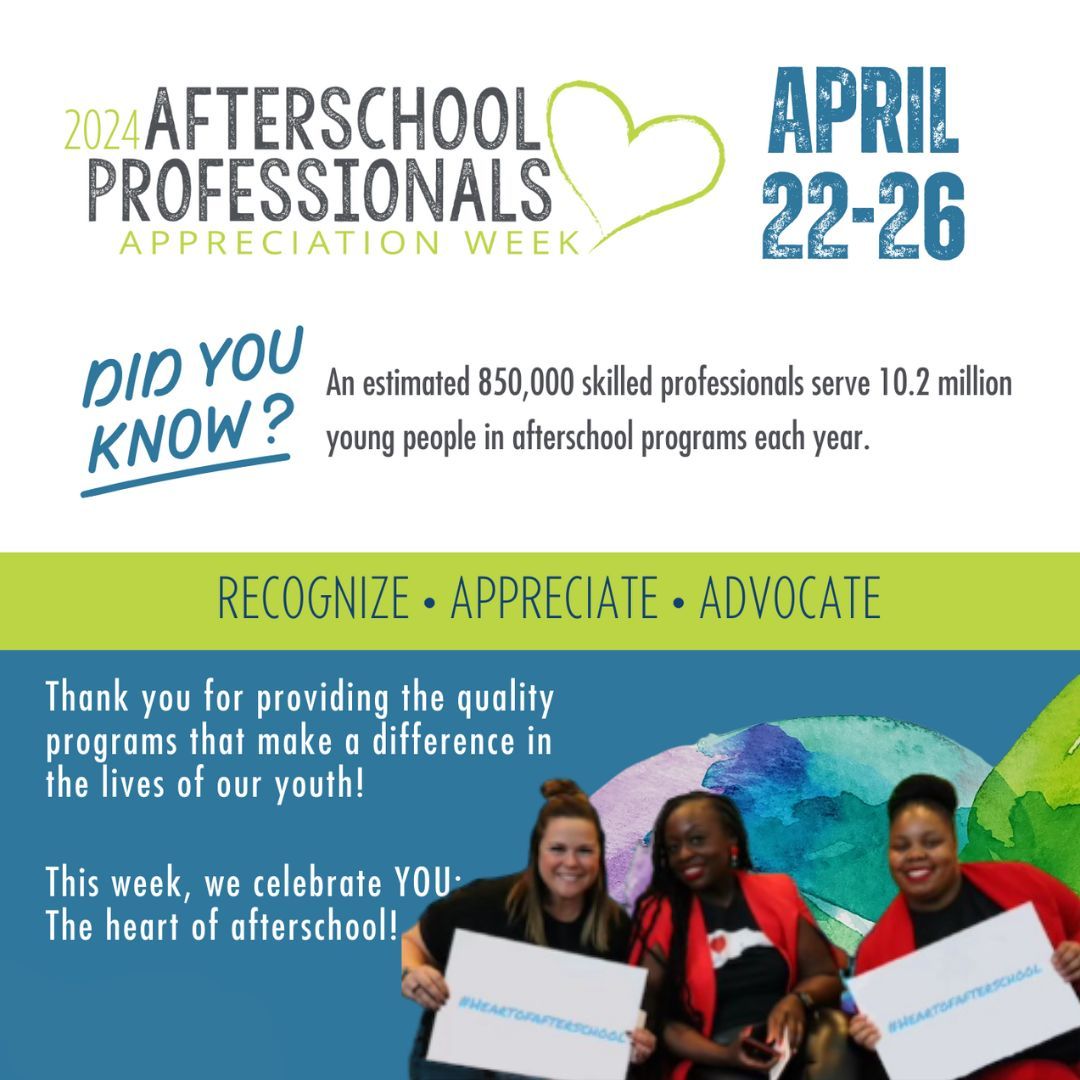 Join us in thanking afterschool professionals who positively impact young people’s lives. Happy Afterschool Professionals Appreciation Week!💙🚀 Share how you're celebrating by using #HeartOfAfterschool  💫 #AfterSchoolWorks #BeyondTheClassroom