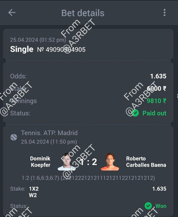 Tennis - ATP Madrid Open 🎾 Roberto Carballes Baena ML✅ 🔖 1.63 💵 10 Units #GamblingTwitter #SportsBetting #TeamParieur #SportsPicks #Betting #FreePicks #SportsBettor #Tennis #ATP #TENIS #TennisPicks #ATPtour #ATP1000 #ATP24 #Madrid #Spain #MMOPEN #MutuaMadridOpen Like + RT