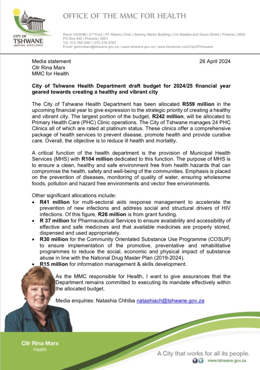 STATEMENT: City of Tshwane Health Department draft budget for 2024/25 financial year geared towards creating a healthy and vibrant city. @CityTshwane @mmcrinamarx