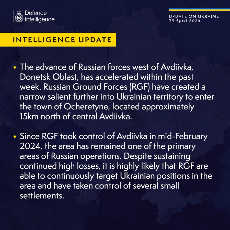 The advance of Russian forces west of Avdiivka, Donetsk Oblast, has accelerated within the past week. Russian Ground Forces (RGF) have created a narrow salient further into Ukrainian territory to enter the town of Ocheretyne, located approximately 15km north of central Avdiivka.Since RGF took control of Avdiivka in mid-February 2024, the area has remained one of the primary areas of Russian operations. Despite sustaining continued high losses, it is highly likely that RGF are able to continuously target Ukrainian positions in the area and have taken control of several small settlements.