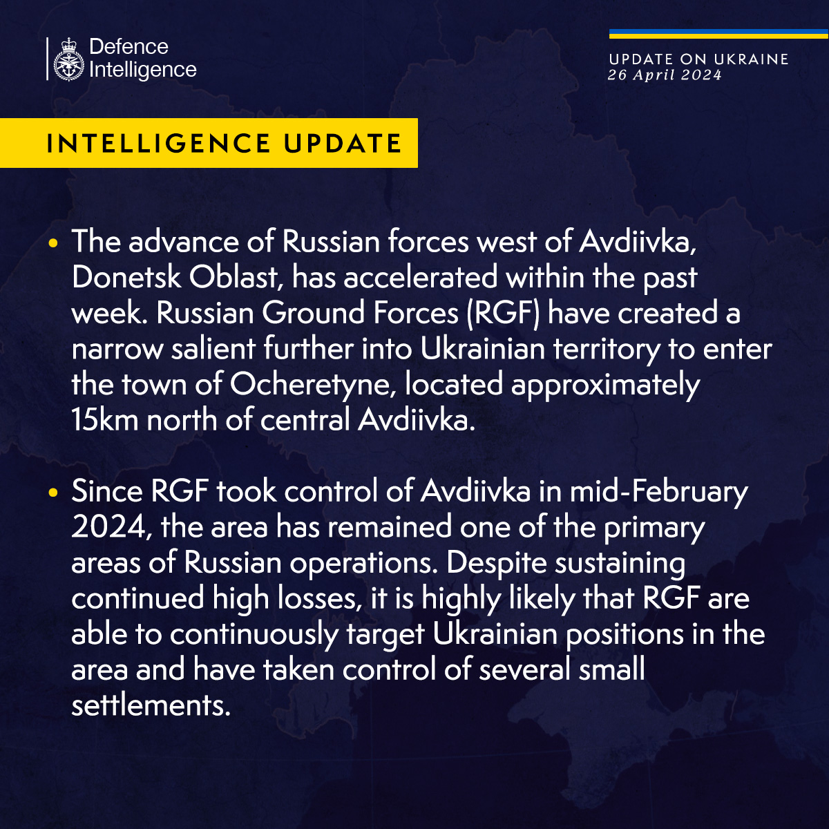 The advance of Russian forces west of Avdiivka, Donetsk Oblast, has accelerated within the past week. Russian Ground Forces (RGF) have created a narrow salient further into Ukrainian territory to enter the town of Ocheretyne, located approximately 15km north of central Avdiivka. Since RGF took control of Avdiivka in mid-February 2024, the area has remained one of the primary areas of Russian operations. Despite sustaining continued high losses, it is highly likely that RGF are able to continuously target Ukrainian positions in the area and have taken control of several small settlements.