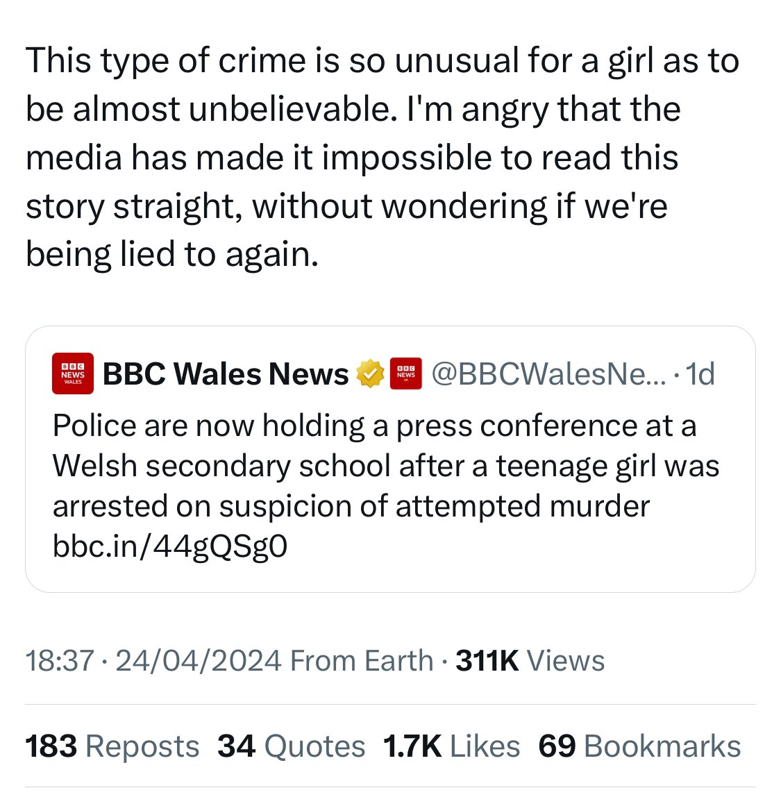 An example of the absolute brain rot that has infected the anti-trans cult. ‘Feminism’ now apparently means assuming all female perpetrators might be trans, because women don’t do crime. (Never mind the teenage girl who was recently convicted of stabbing Brianna Ghey to death.)