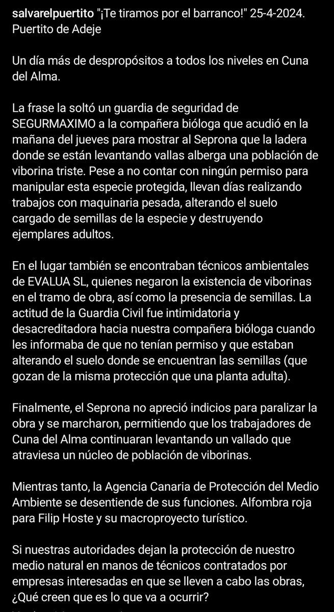 16 días en huelga de hambre de #CanariasSeAgota 

6 días desde la manifestación #TenerifeTieneUnLimite 

El SEPRONA defiende a las empresas privadas

La Agencia Canaria de Protección del Medio Ambiente ni aparece

Preocupa una pintada en el asfalto

#ClavijoSoluciónODimisión