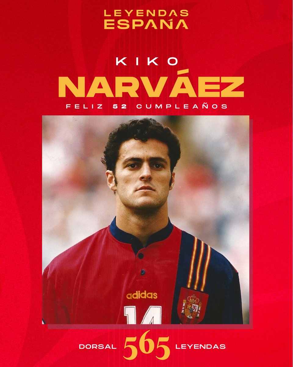 😙💨🎂Kiko Narváez 𝗖𝗨𝗠𝗣𝗟𝗘 HOY 52 ¡Felicidades!

✔️Logró la medalla de oro en Barcelona'92 marcando el definitivo 3-2 en el último minuto de partido, además de participar en la Eurocopa'96 y en el Mundial'98. Un total de 26 encuentros con la @SEFutbol.

#SomosEspaña 🇪🇸