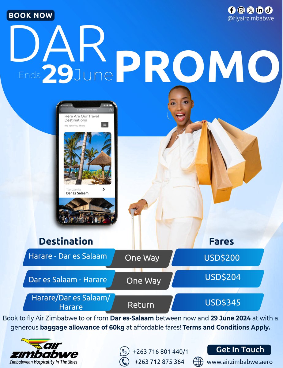 Book to fly to Dar es Salaam with Air Zimbabwe! Enjoy affordable fares and a generous baggage allowance of 60kgs when you book to fly with Air Zimbabwe to or from Dar es-Salaam between now and 29 June 2024. airzimbabwe.aero Terms and Conditions Apply #daresalaam #harare