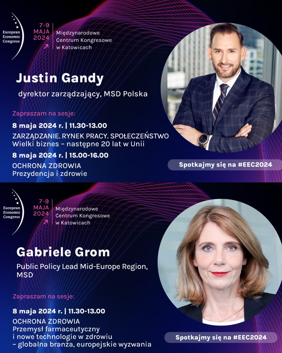 Spotkajmy się na XVI <a href="/EECKatowice/">EEC Katowice, Poland</a> 7–9.05 pod hasłem #transformacjadlaprzyszłości 🎤 W imieniu MSD ważny głos zajmą: Justin Gandy, MD, MSD Polska and Gabriele Grom, Public Policy Lead Mid-Europe Region, MSD.  
📷bit.ly/44orHbB #europejskikongresgospodarczy