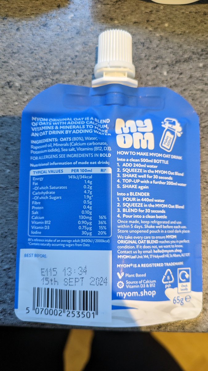 #AD What a great idea this #MYOM oat milk is...#Vegan #Crueltyfree oat milk in pouches #Recyclable packaging #Ambient until mixed with water..great for travelling..Taste test to follow...Anyone tried this? ☺️😋🌱🌻👍