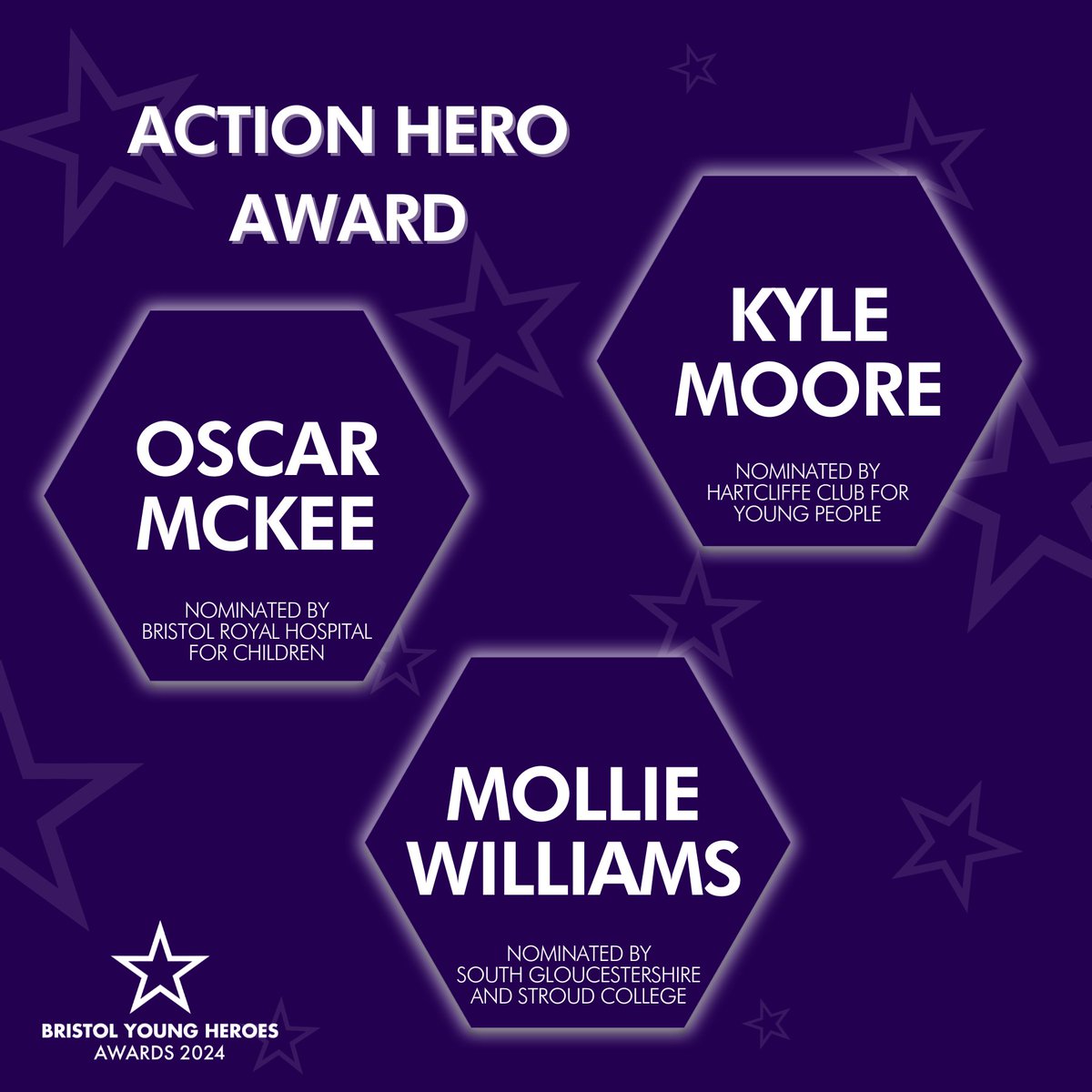 ✨Exciting News✨ Over the next few days we will be announcing the Bristol Young Heroes Awards 2024 Finalists! First, we have the Action Hero Award, congratulations to: 🌟 Oscar McKee 🌟 Kyle Moore 🌟 Mollie Williams Wishing you all the best of luck 🤞 #empoweringpeople #BYHA