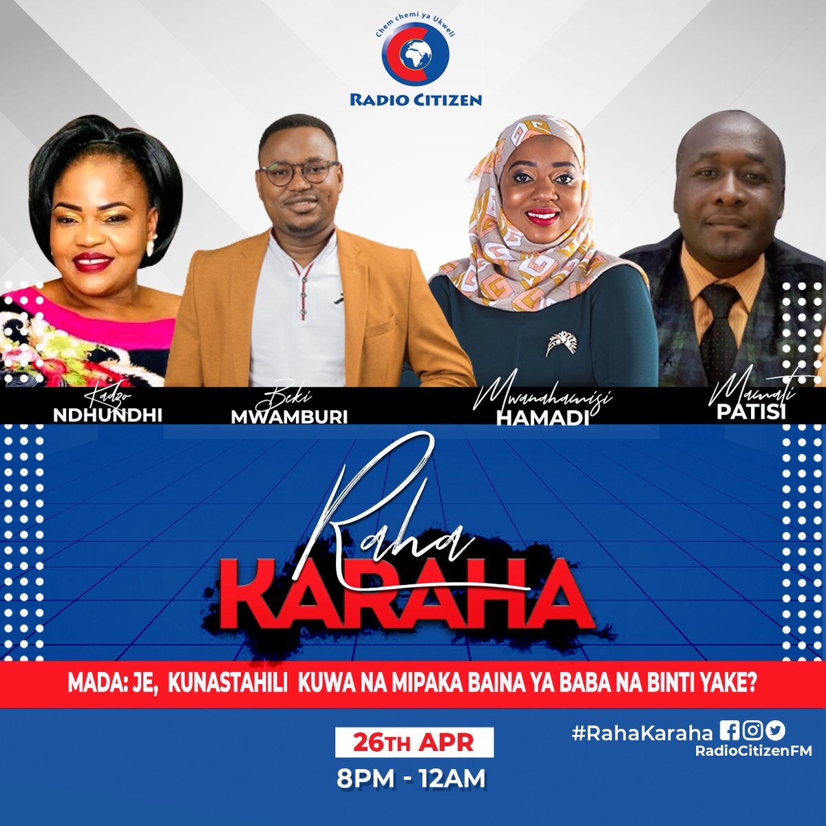 Je, kunastahili  kuwa na mipaka baina ya Baba na Binti yake?

Ni wakati wa #RahaKaraha 8pm - 12am, ungana nao @mwanahamisi254 , @KNdhundhi , @bekimwamburi & Mamati Patisi.

#RahaKaraha
#RadioNumberOne