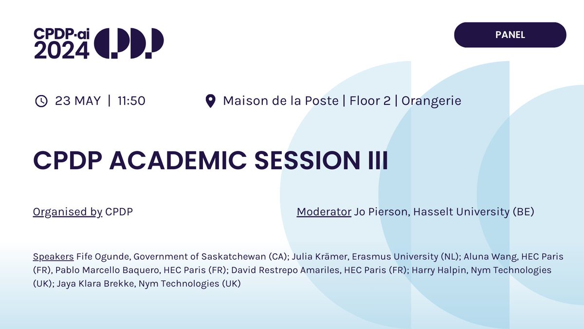 Organised by <a href="/CPDPconferences/">CPDP Conferences</a> with <a href="/iMuses/">Jo Pierson</a> <a href="/uhasselt/">Universiteit Hasselt</a>, Fife Ogunde <a href="/SKGov/">Government of Saskatchewan</a>, <a href="/Julia_Kraemer/">Julia Krämer</a> <a href="/erasmusuni/">Erasmus University</a>, Aluna Wang <a href="/HECParis/">HEC Paris Business School</a>, Pablo Marcello Baquero <a href="/HECParis/">HEC Paris Business School</a>, <a href="/davidamariles/">David Restrepo A</a> <a href="/HECParis/">HEC Paris Business School</a> <a href="/harryhalpin/">harryhalpin</a> <a href="/nymproject/">Nym</a>, <a href="/jayapapaya/">Jaya Brekke 🍉</a> <a href="/nymproject/">Nym</a>
#CPDPai2024 #CPDPconferences #CPDP2024