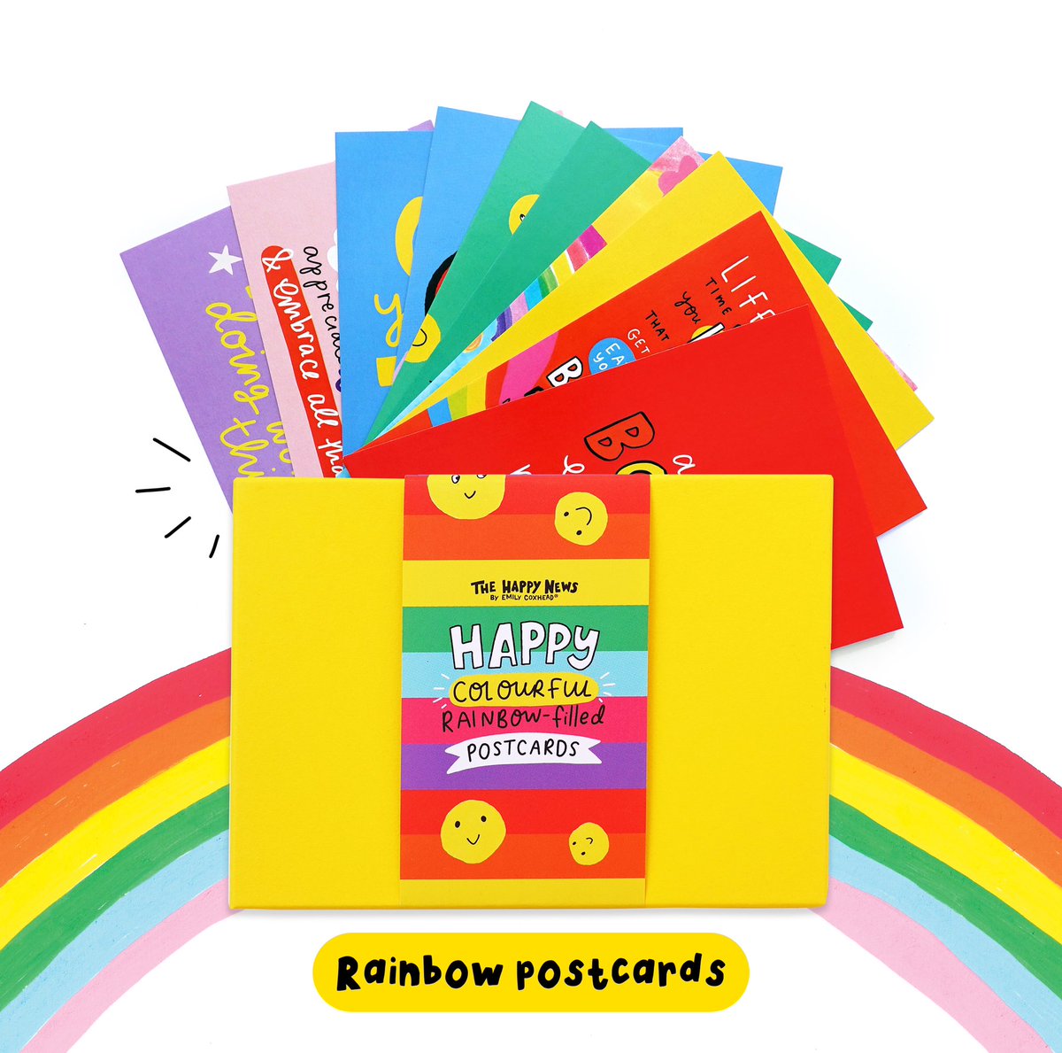 HappyNewspaper_'s tweet photo. The Happy News postcards are hereeeee 🥳🌈💘 all designed by @emilycoxhead https://t.co/iDNAgSdHRm https://t.co/cMSbj2WBep
