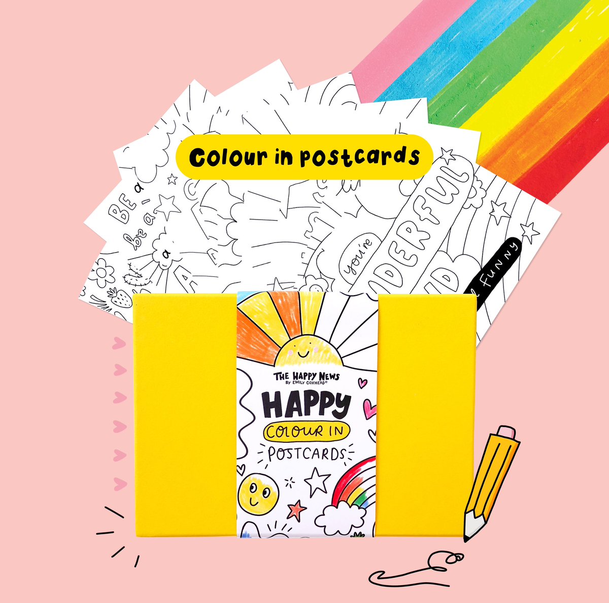 HappyNewspaper_'s tweet photo. The Happy News postcards are hereeeee 🥳🌈💘 all designed by @emilycoxhead https://t.co/iDNAgSdHRm https://t.co/cMSbj2WBep