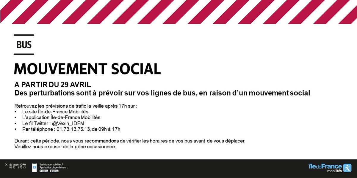 🚨 #infotrafic #mouvementsocial #vexin
 ‼️ A partir du 29 avril 2024
🚧Mouvement social
❌Des perturbations sont à prévoir sur vos lignes de bus