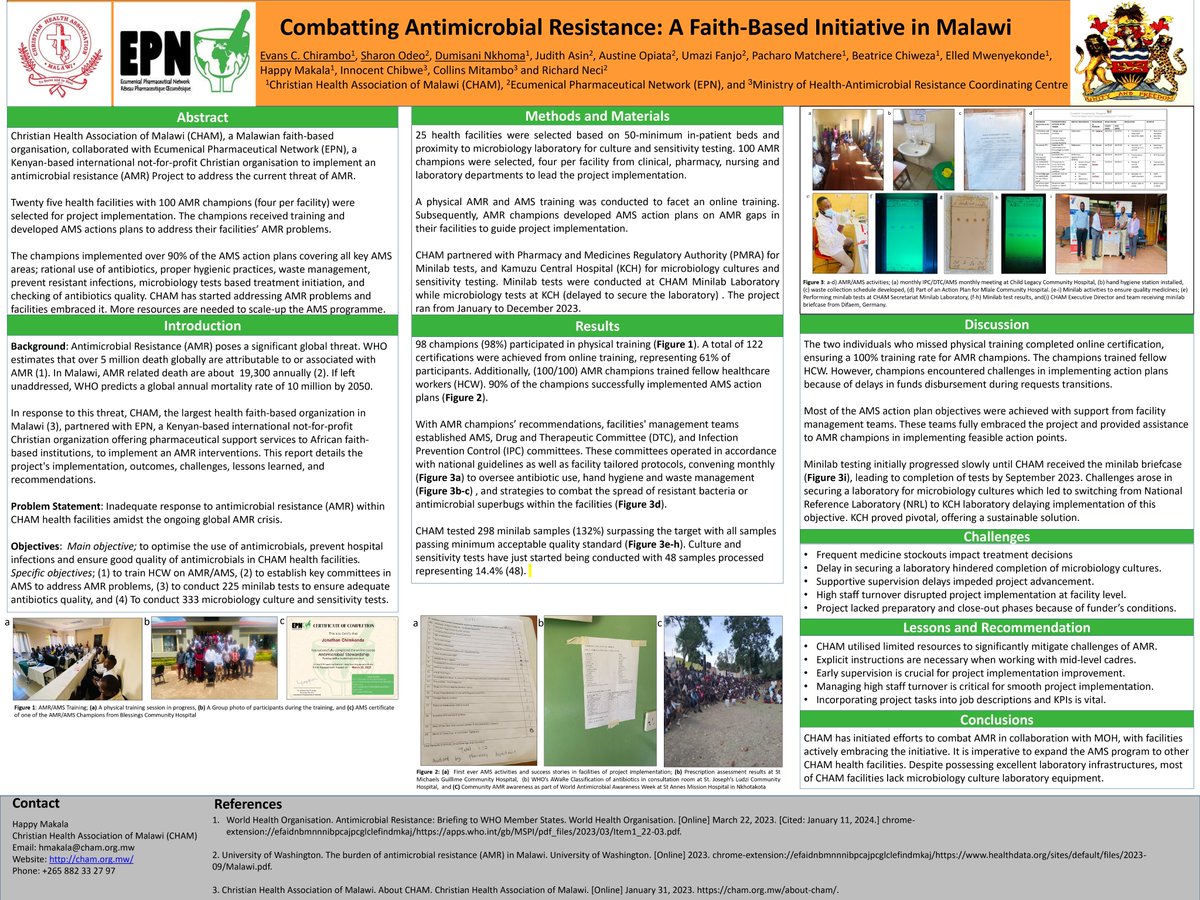 CHAMalawi's tweet photo. CHAM, the largest health faith based organization in Malawi , partnered with EPN, a Kenyan based to implement an AMR interventions. This report details the
project's implementation, outcomes, challenges, lessons learned, and recommendations.

https://t.co/jnx5atOODW https://t.co/DtH3bsatZp