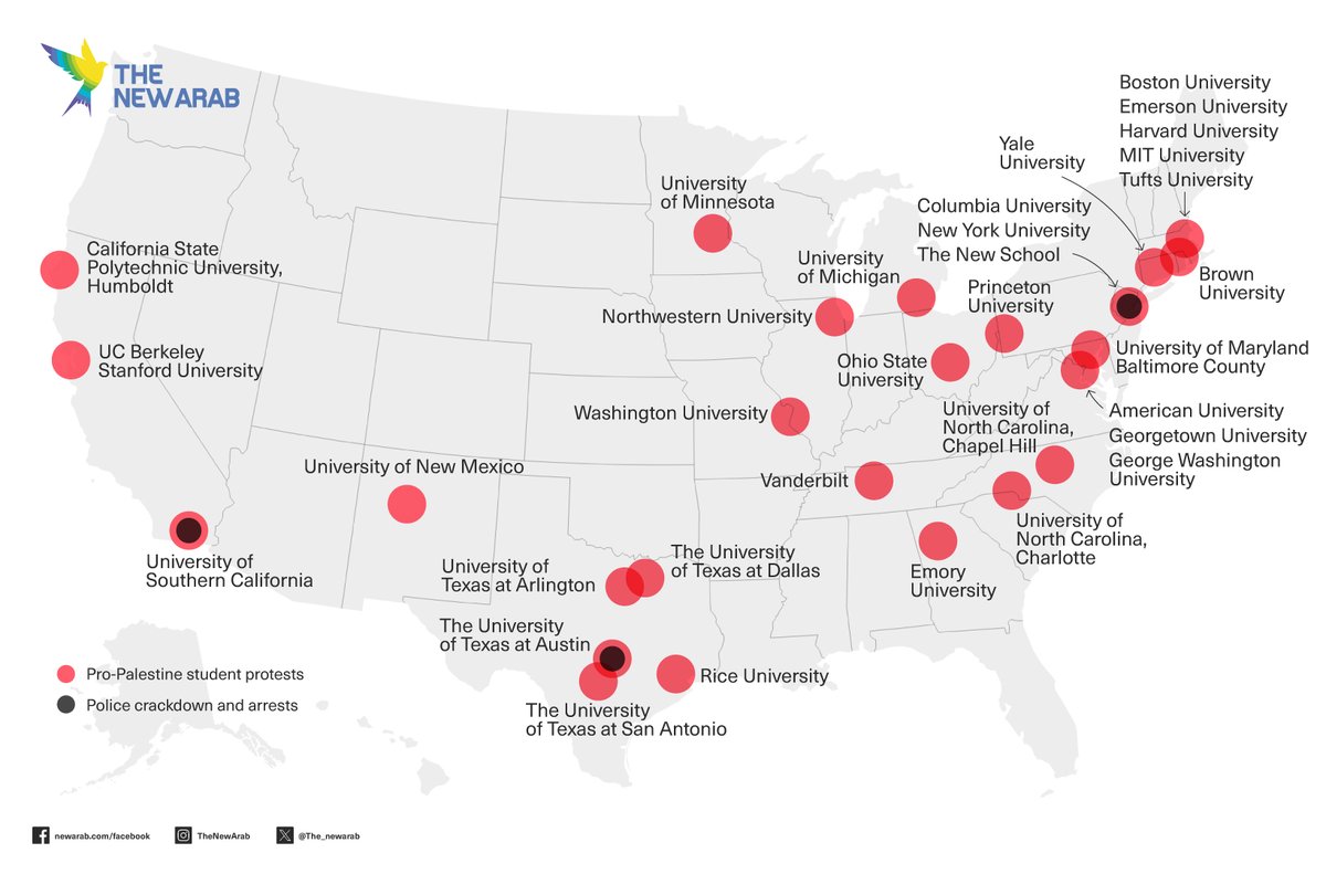 Map of #protests on US campuses against the #GazaGenocides Source: @The_NewArab
