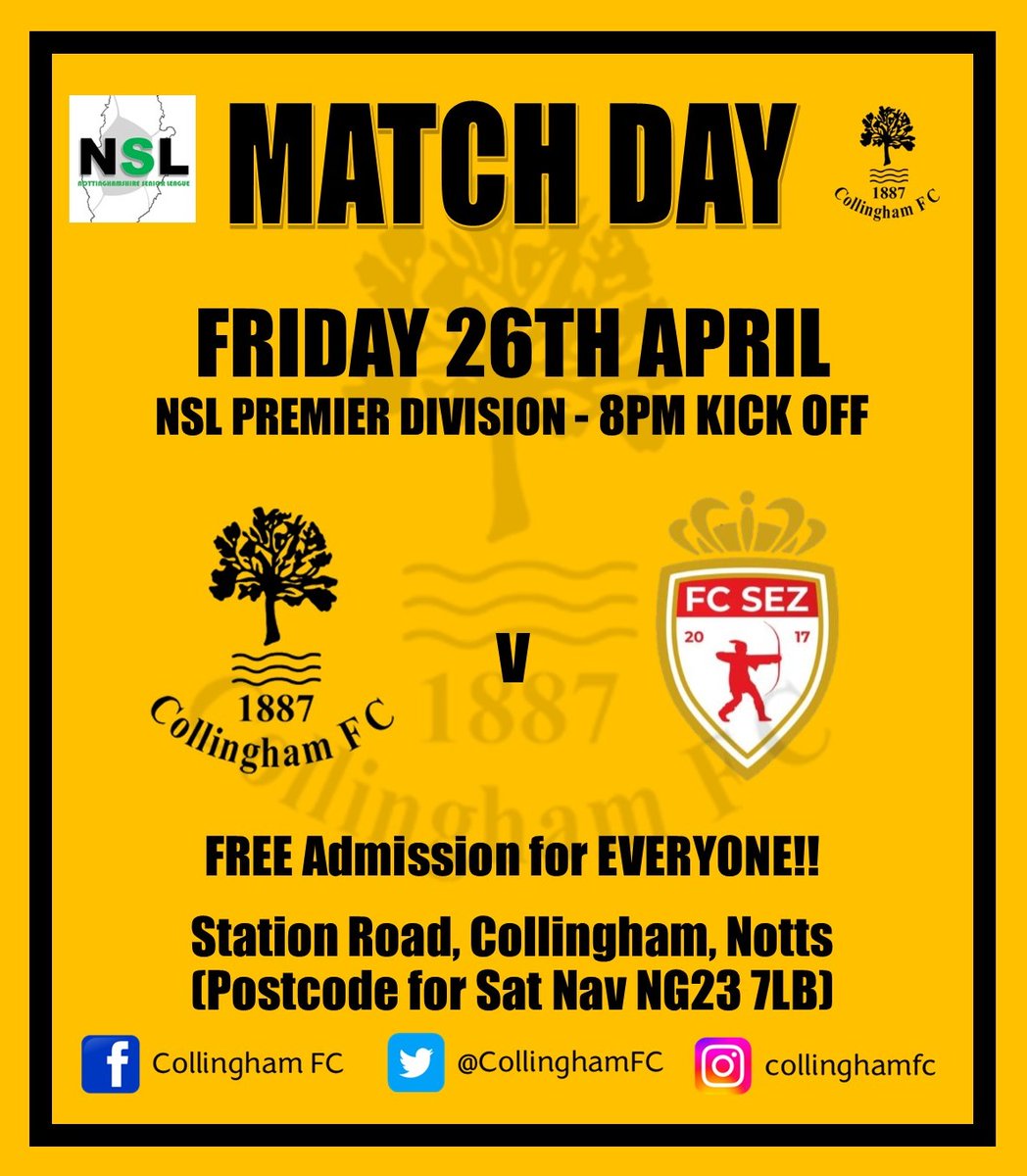 🟡⚫️ MATCH DAY ⚫️🟡 🆚 @FCSez 🏆 @NottsSeniorLge Premier Division ⏰ 8pm 🏟️ Station Road, Collingham (Parking NG23 7LB) 🎟 FREE ENTRY Bar open from 6pm Printed programmes & pin badges available