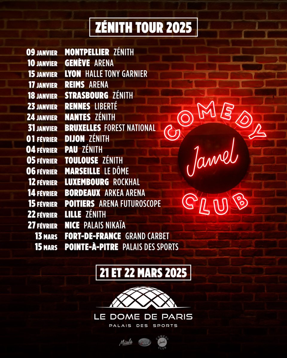 😂 Jamel Comedy Club (@jamelcomedyclub) on Twitter photo La Troupe du Jamel Comedy Club et <a href="/DebbouzeJamel/">Jamel Debbouze</a> vous donnent rendez-vous partout en France et en Outre-mer pour une tournée exceptionnelle ! Are you ready?
Billets disponibles dès maintenant !
🎟 bit.ly/jcc-zenith-tour La Troupe du Jamel Comedy Club et <a href="/DebbouzeJamel/">Jamel Debbouze</a> vous donnent rendez-vous partout en France et en Outre-mer pour une tournée exceptionnelle ! Are you ready?
Billets disponibles dès maintenant !
🎟 bit.ly/jcc-zenith-tour