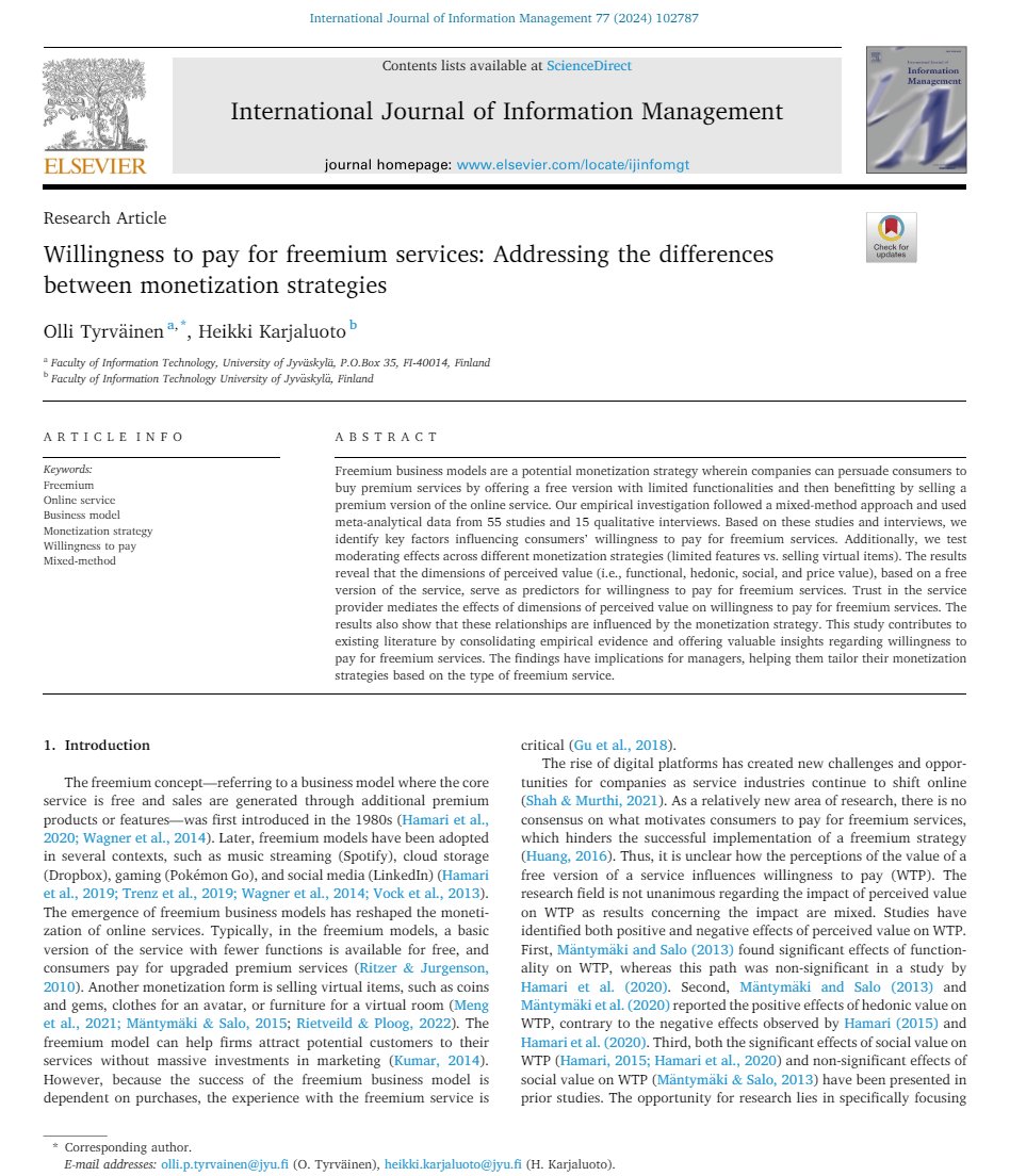Latest CPSS publications: "Willingness to pay for freemium services: Addressing the differences between monetization strategies" authored by Olli Tyrväinen and Heikki Karjaluoto, published in International Journal of Information Management.

Access via: lnkd.in/djrHGXxN