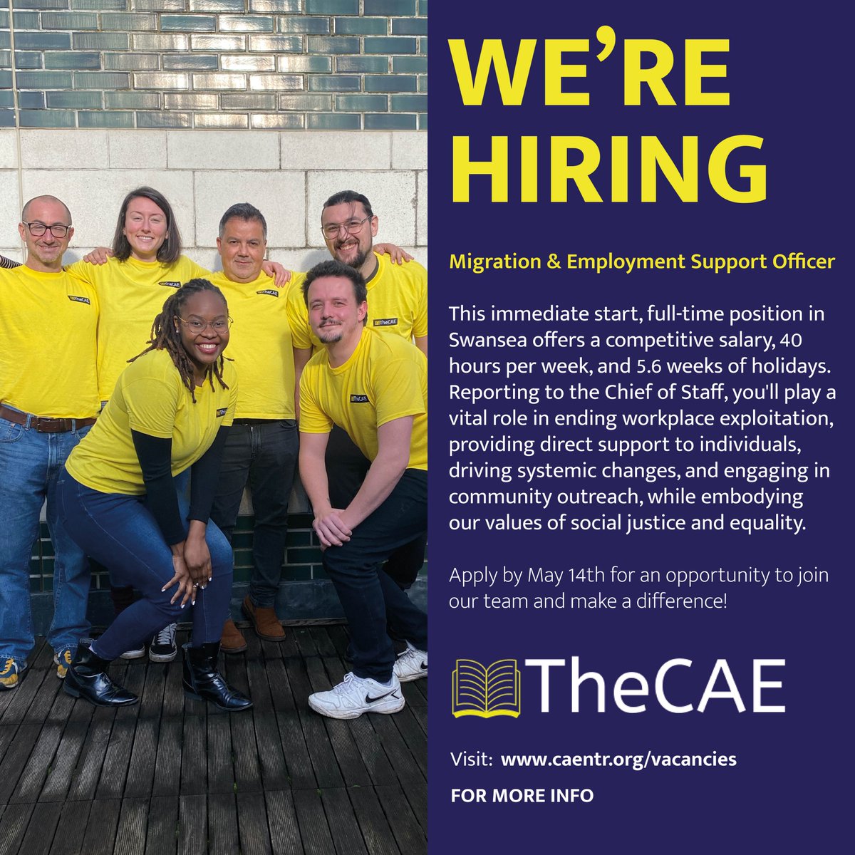Exciting opportunity in Swansea! 🚀 Support Officer role with immediate start. Drive change, engage in outreach. Full-time position. Apply by May 14th! 💼 #JoinTheCAE 🌟 Apply now: caentr.org/vacancies