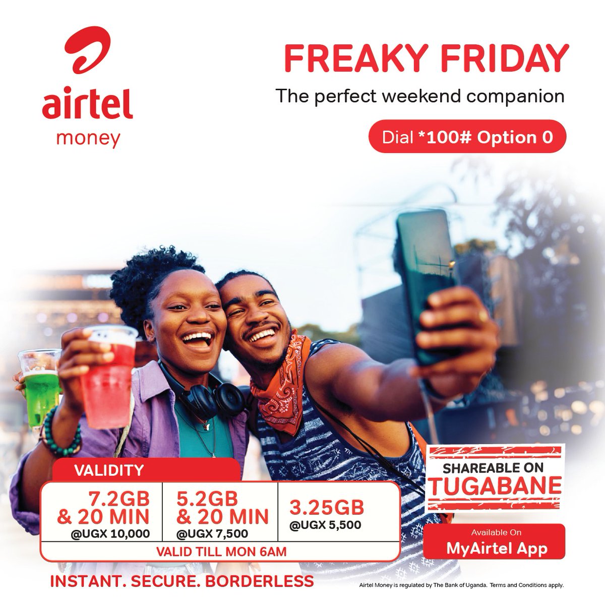 Nonstop enjoyment this weekend.
Load massive #FreakyFriday bundles, you can share with friends as well.

 Dial *100# and select option 0 use #MyAirtelApp 
airtelafrica.onelink.me/cGyr/qgj4qeu2