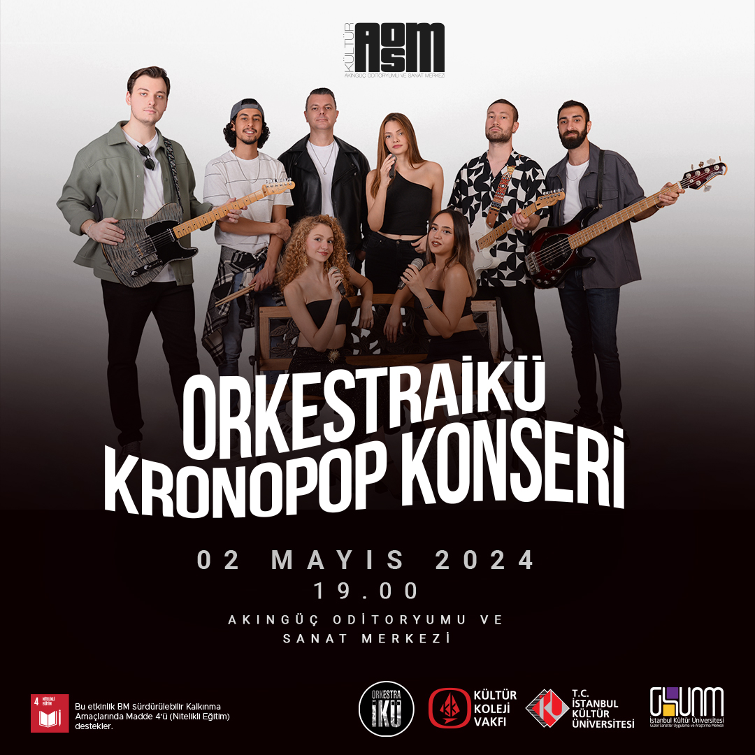 2 Mayıs Perşembe günü saat 19:00'da Akıngüç Oditoryumu ve Sanat Merkezi'nde gerçekleştirilecek olan OrkestraİKÜ Kronopop Konseri'nde; 90’lı yıllardan başlayarak günümüze kadar yapılmış en popüler Türkçe Pop şarkılarından oluşan bir repertuvar yer alacak.