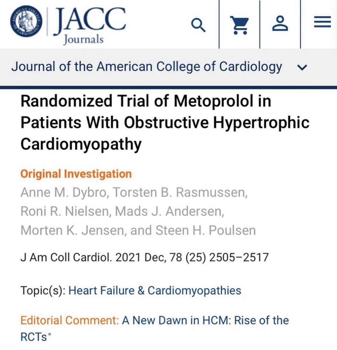 Beta blockers for obstructive HCM? Negative inotropes (beta blockers, calcium channel blockers, and disopyramide) have been used for obstructive HCM for decades. This small trial however is the first randomized clinical trial to demonstrate its effect. TEMPO Trial, JACC 2021 ♥️