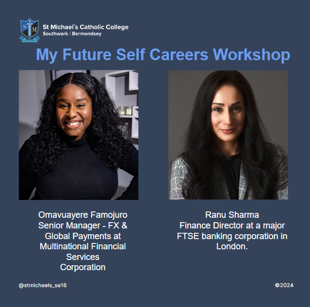 Today is the 2nd 'My Future Self' workshop for Year 10 girls. It is wonderful that they are going to hear the inspirational career stories of Omavuayere Famojuro and Ranu Sharma who work in the finance sector. Thanks to governor and alumna Hannah Awonuga for organising the event.