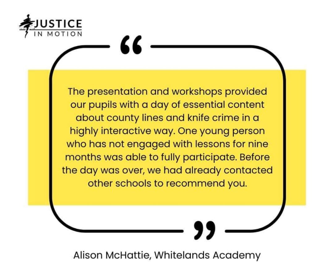 Great feedback from Alison McHattie from @WhitelandsAcad! We love to hear when our workshops are able to reach young people who are disengaged - it shows the power of the performing arts @ThamesVP justiceinmotion.co.uk/show/code/