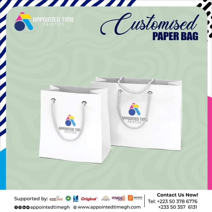 AidooRockson's tweet image. Go green with style! 🌿♻️ Get your customised paper bags from @AppointedTimeGh. Elevate your brand while supporting sustainability. Say no to plastic and yes to eco-friendly packaging! 

 #CustomPaperBags 
#UPSA Jessica Ewurabena Henry Fitz #ViralVideos
