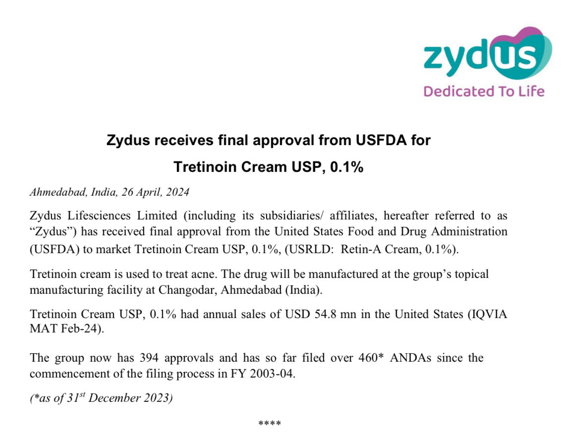 Zydus receives final approval from USFDA for Tretinoin Cream USP, 0.1% ✅

#zyduslife #sabarisecurities