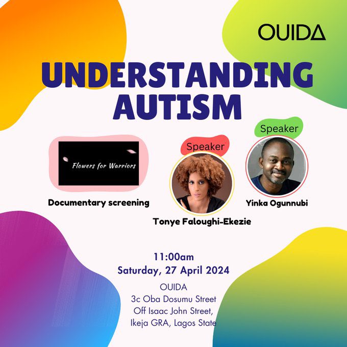 Join us at @Ouida_Lagos at 11am on Saturday. We’ll watch a short documentary about 3 inspiring parents caring for children with special needs, then listen to @yinkanubi and @simonesoasis and have a discussion. Register here: forms.gle/iWWDjiSQ98Vh7Y…