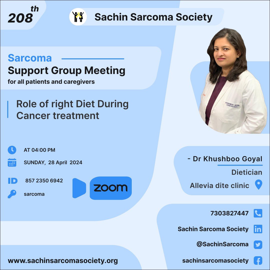 Organising 208 th #sarcoma #supportgroup meeting tomorrow at 4 pm on zoom. An educational session on #diet in #cancer will be given by Dr Khushboo Goyal , #Dietician. Concerns of patients would be addressed. #sarcoma #cancer #companionship #education #awareness